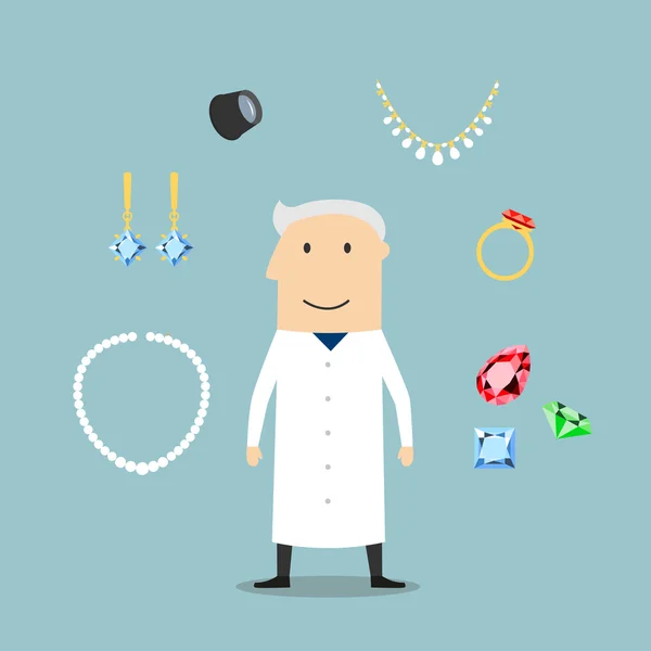 Jeweler man with jewelries and gems — Stock Vector