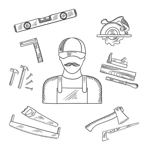 Bocetos de herramientas de carpintero y caja de herramientas — Vector de stock