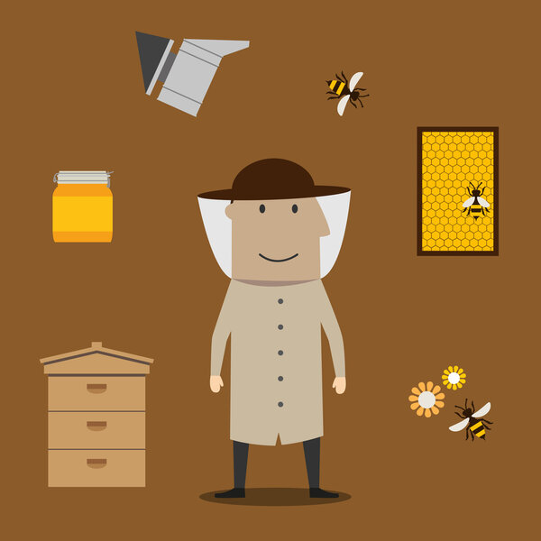 Beekeeper man and beekeeping objects