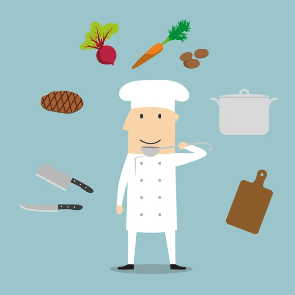 Profissão de Chef, utensílio e legumes — Vetor de Stock