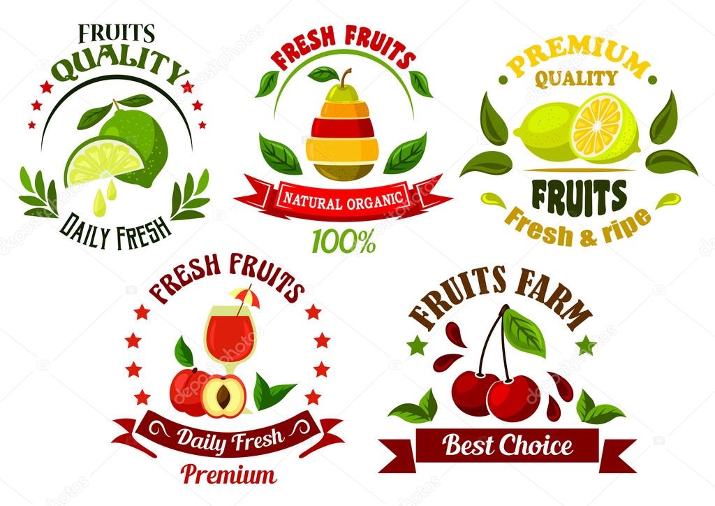 Greengrocery market design with juicy lime and lemon, cherries, peach with glass of natural juice and pear, composed of different fruit slices, framed by retro banners, green leaves and branches
