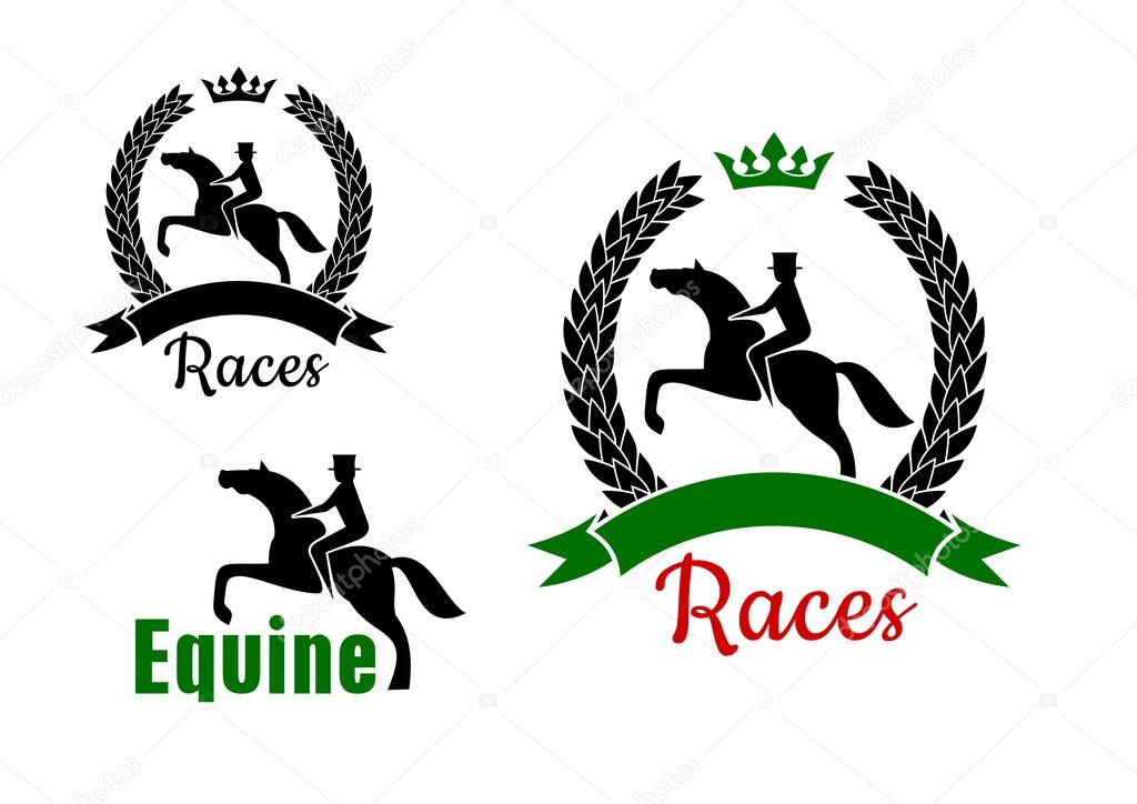 Equestrian sport symbols for horse racing competition design with riders and jumping horses, one  framed by crowned laurel wreath with ribbon banner and another with text Equine