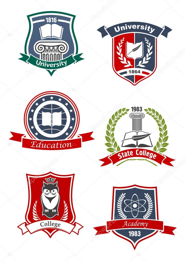 University, academy, college and education icons with books and feather, crowned owl, atom model and greek column, framed by medieval shields, laurel wreaths and ribbon banners