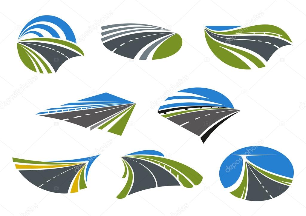 Roads and modern speed highways icons with green and yellow roadsides and blue sky. For travel, vacation or transportation design