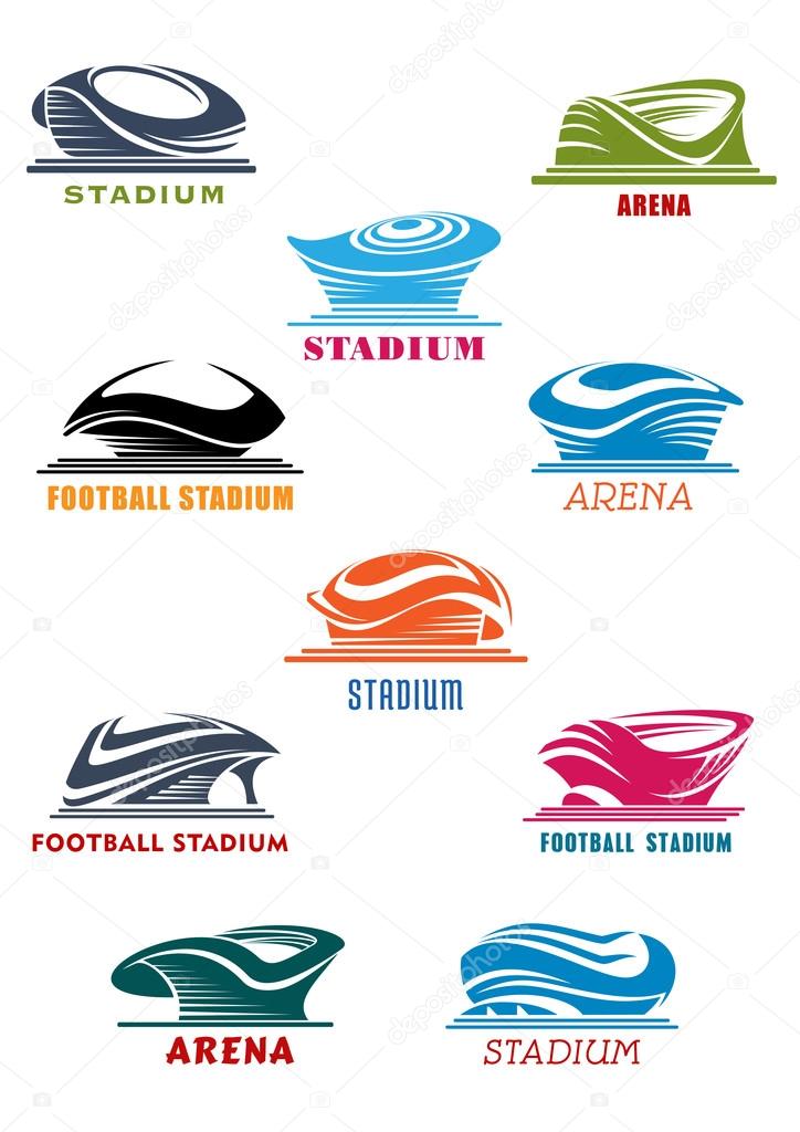 Sports architecture  symbols with stadium and arena icons. Modern sporting complexes for championship promotion, sport symbol usage