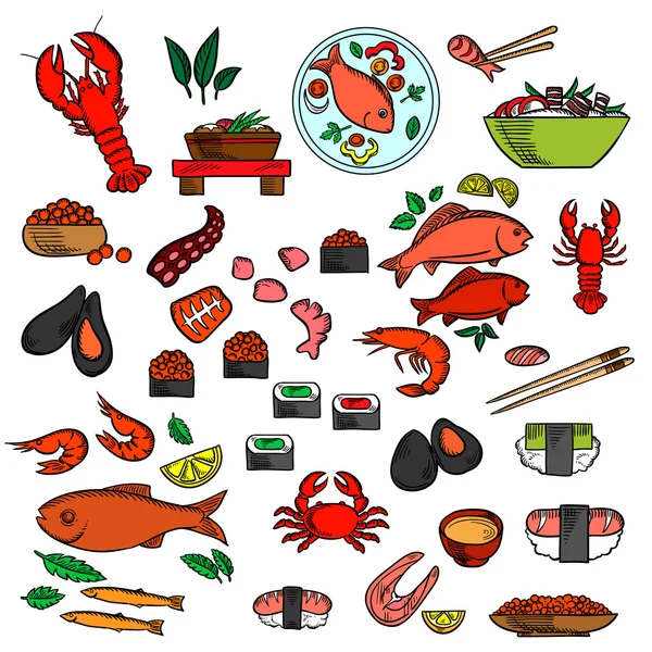 Iconen voor zeevruchten, vis en delicatessen — Stockvector