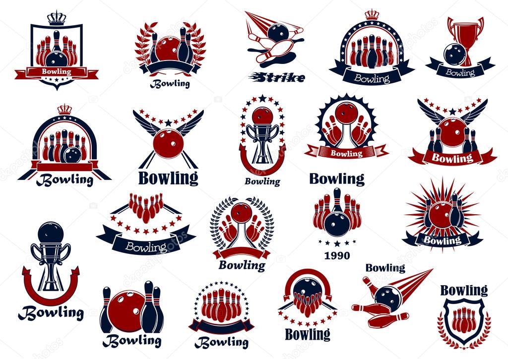 Sporting emblems or symbols for bowling club, team or tournament design with balls and ninepins, strikes and lanes, sport trophies framed by crowned shields and wreaths, stars and ribbon banners
