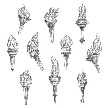 Burning torches in vintage sketch style