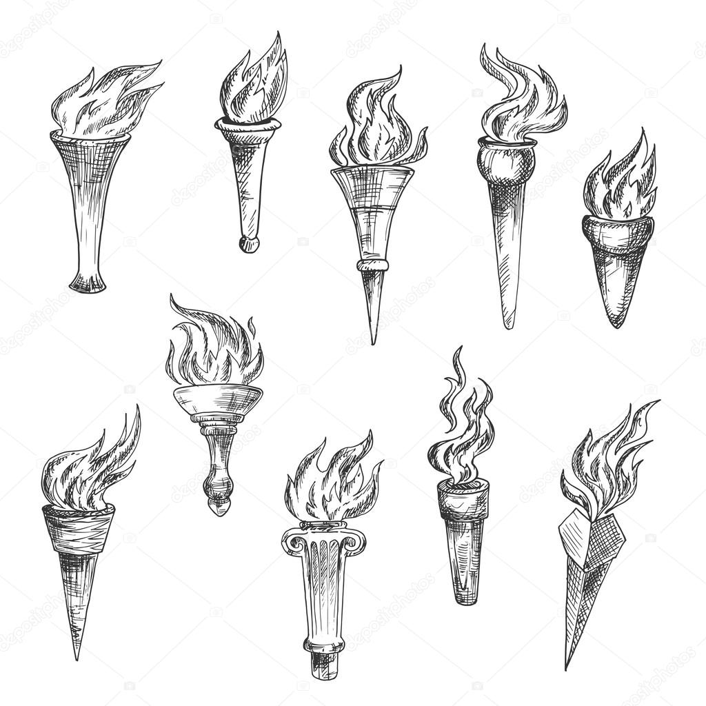 Antique flaming torches sketches set