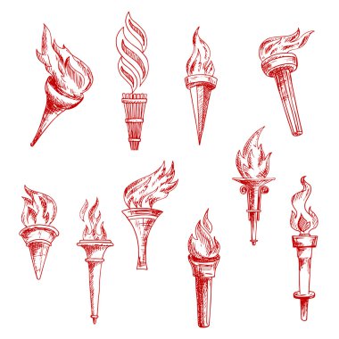 Red flaming torches sketch icons
