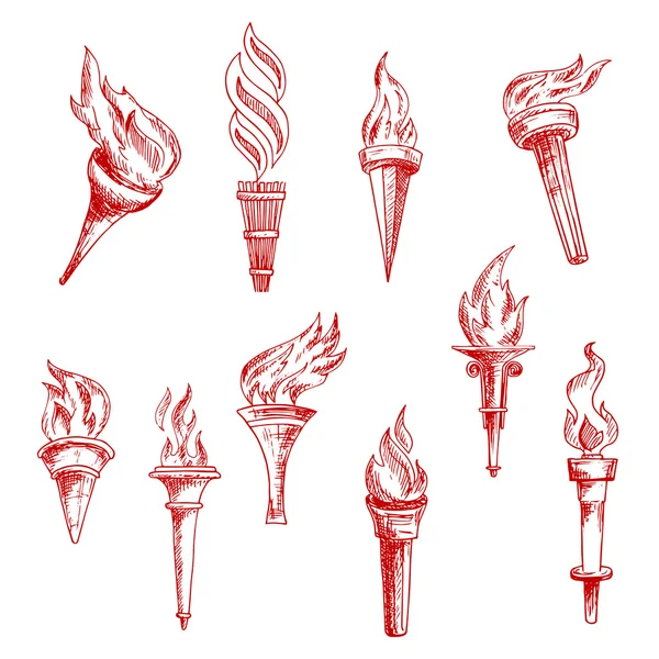 Red flaming torches sketch icons — ストックベクタ