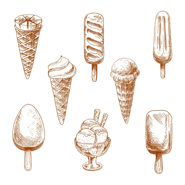 Ice cream desserts engraving sketches — Stock Vector