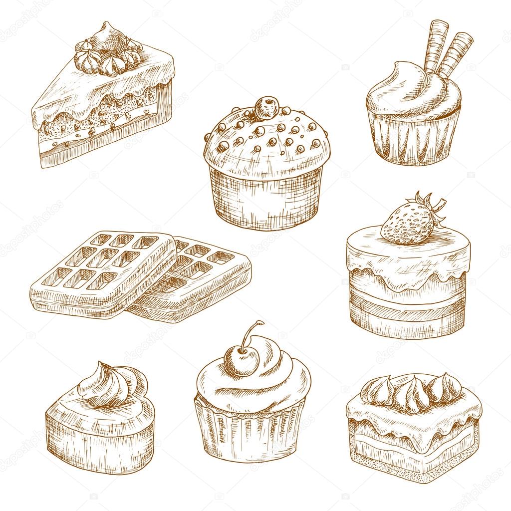 Delicious bakery and pastries sketches