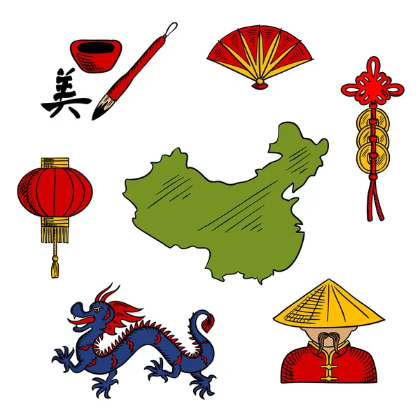 Chinese culture and religion sketched icons — Stock Vector