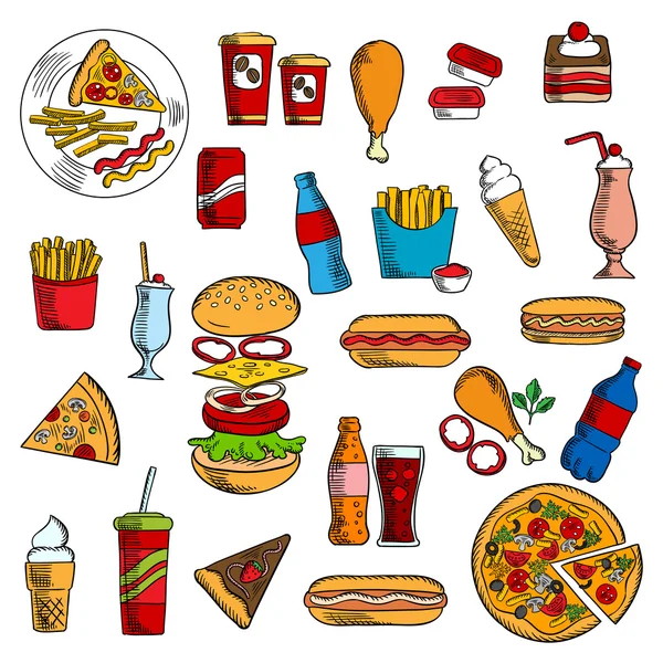 Bocetos de comida rápida y postres — Vector de stock