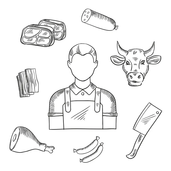 Profesión de carniceros e iconos de la carne — Archivo Imágenes Vectoriales
