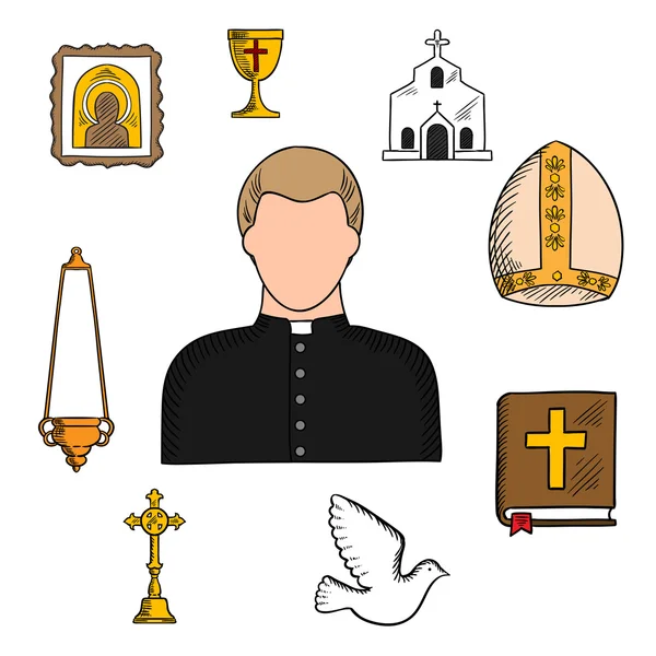 Priest profession with religious symbols — Stock Vector