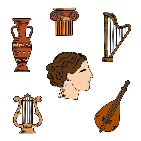 Greece architecture, music and art icons — Stock Vector