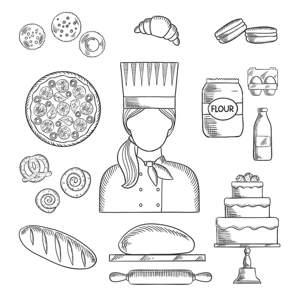 Baker beroep en gebak geschetst pictogrammen — Stockvector