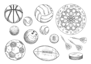 Sketched balls, hockey puck and darts items clipart