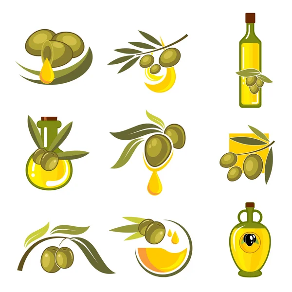 Fresh olive fruits and oil bottles symbols — Stock Vector