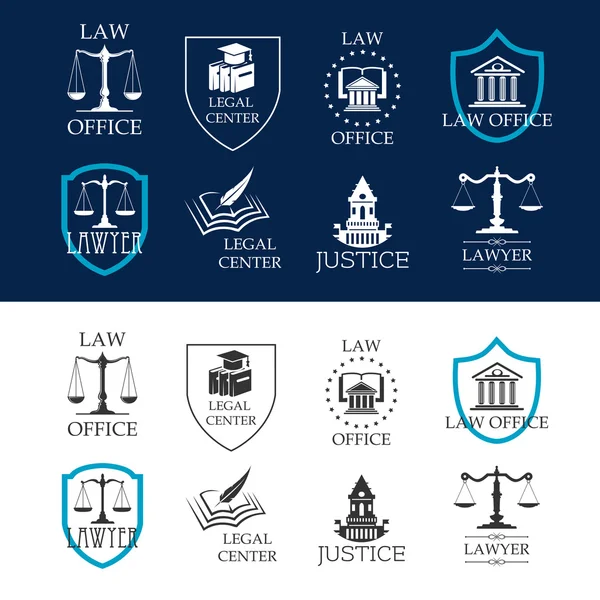 Справедливість, юридичний офіс та ікони правового центру — стоковий вектор