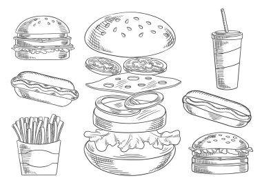 Fast food aperatifler ve içecekler çizimler