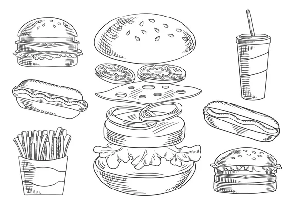 Fastfood-Snacks und Getränke-Sketche — Stockvektor