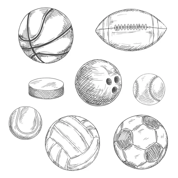 Sport balls and ice hockey puck sketches — Stock Vector