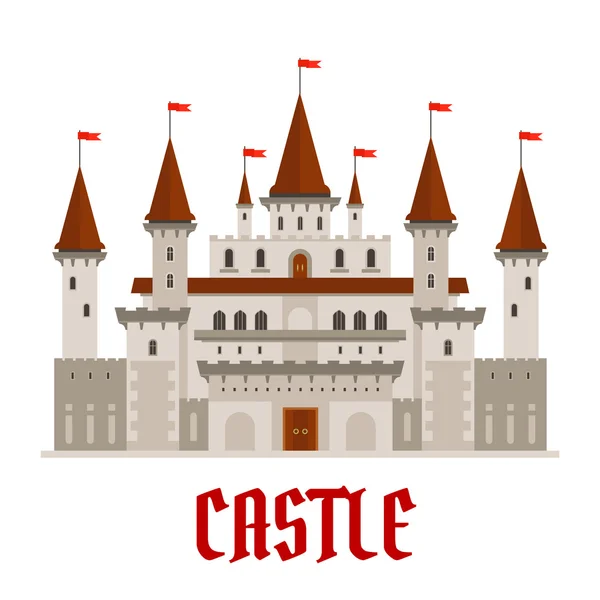 Edificio medieval castillo con banderas rojas — Vector de stock