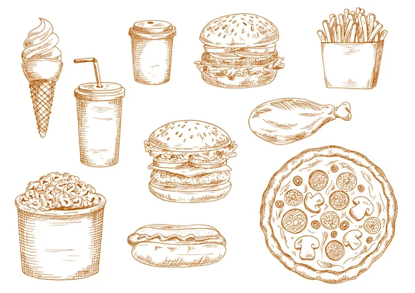 Bocetos de comida rápida y bebidas — Archivo Imágenes Vectoriales