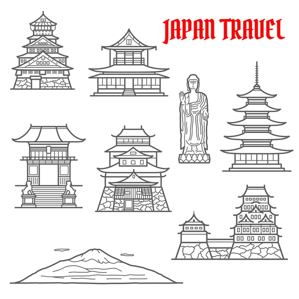 Japón puntos de referencia de viaje iconos de línea delgada — Archivo Imágenes Vectoriales