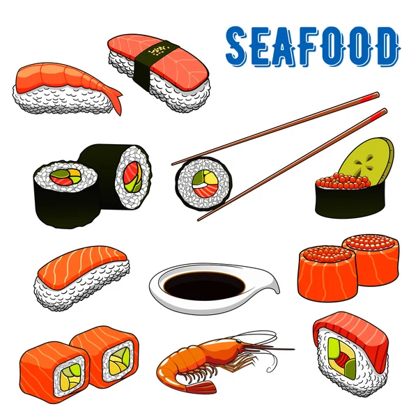 Appetizing japanese sushi and rolls seafood — Stock Vector