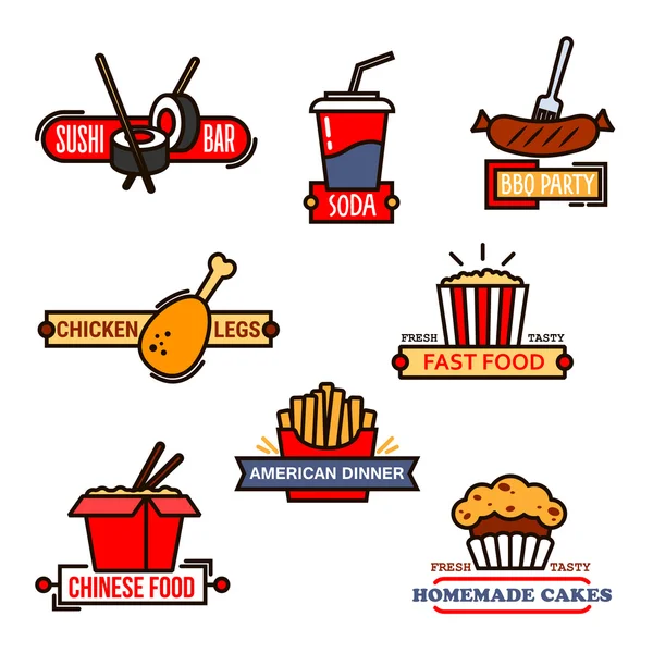 Fast food, sushi bar and bakery icons — 图库矢量图片