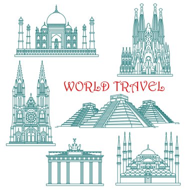 World travel landmarks thin line icons