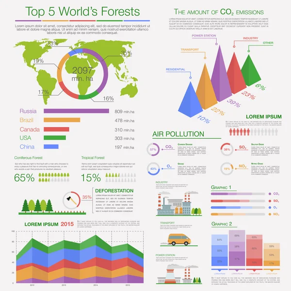 Infografica sull'inquinamento atmosferico e la deforestazione — Vettoriale Stock