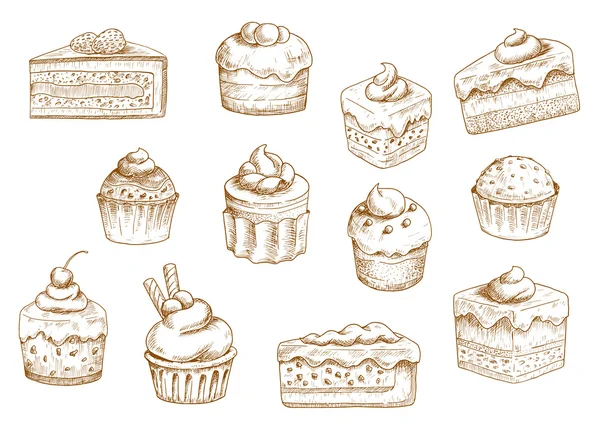Croquis pâtisserie et desserts sucrés — Image vectorielle