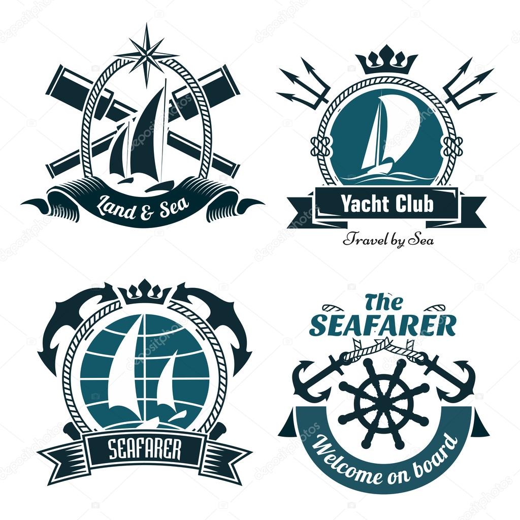 Yacht club or sailing sport retro symbols and icons with sailing boats and vintage helm, framed by crosses anchors, spyglasses and tridents with ribbon banners below and crowns or compass rose on top