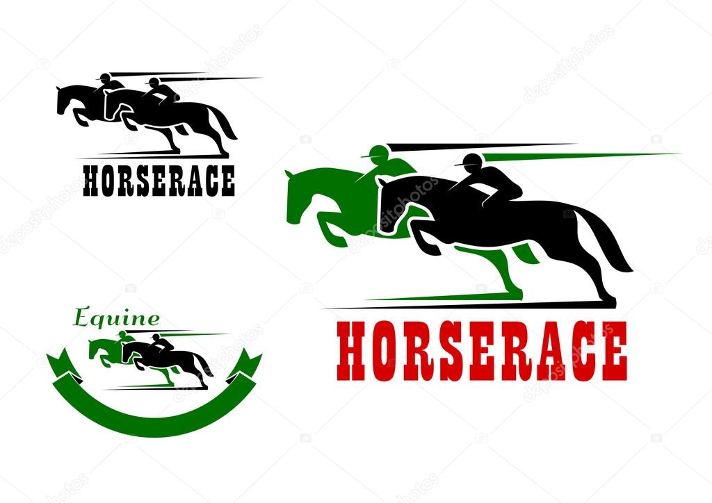 Horse race icons in green and black colors for equestrian sport design. Two racing horses with jockeys, supplemented by motion trails and ribbon banner