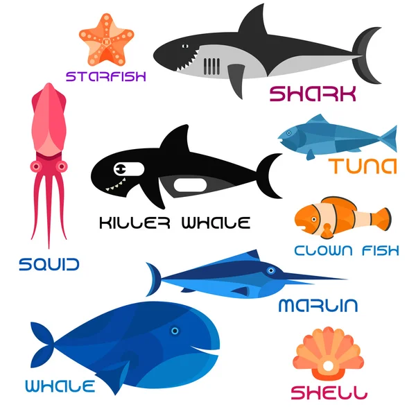 Desenhos animados animais marinhos em estilo plano — Vetor de Stock