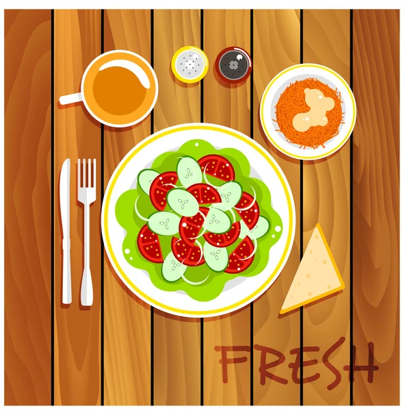 Fresh vegetarian dishes on wooden table — Stock Vector