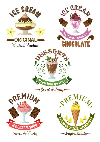 Premium desserts de crème glacée emblèmes — Image vectorielle