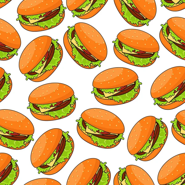 Comida rápida hamburguesas de queso patrón sin costuras — Vector de stock