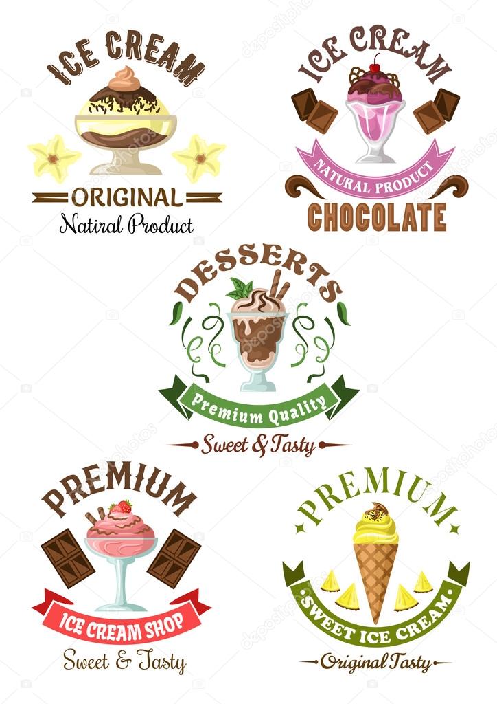 Premium ice cream desserts emblems with enjoyable pineapple soft serve cone and chocolate, vanilla and cherry, strawberry sundae ice cream desserts, decorated by fresh fruits, mint leaves and colorful