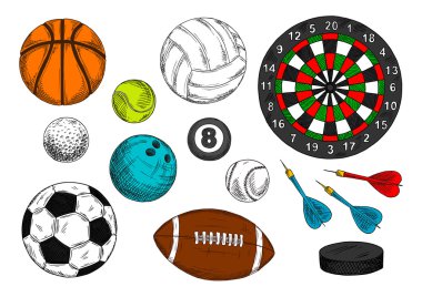 Spor topları, hokey diski, dart tahtası skeçler
