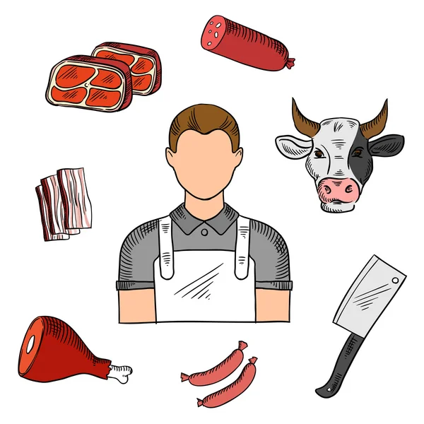 Açougueiro com esboços de carne e faca —  Vetores de Stock