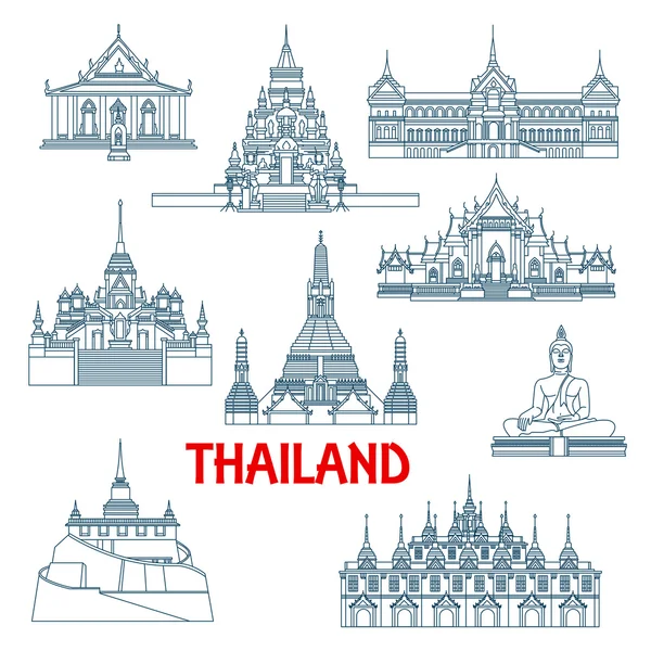 Voyage thaïlandais points de repère ligne mince icônes — Image vectorielle