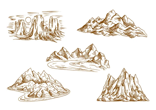 Mountain landscapes retro sketch icons — Stock Vector