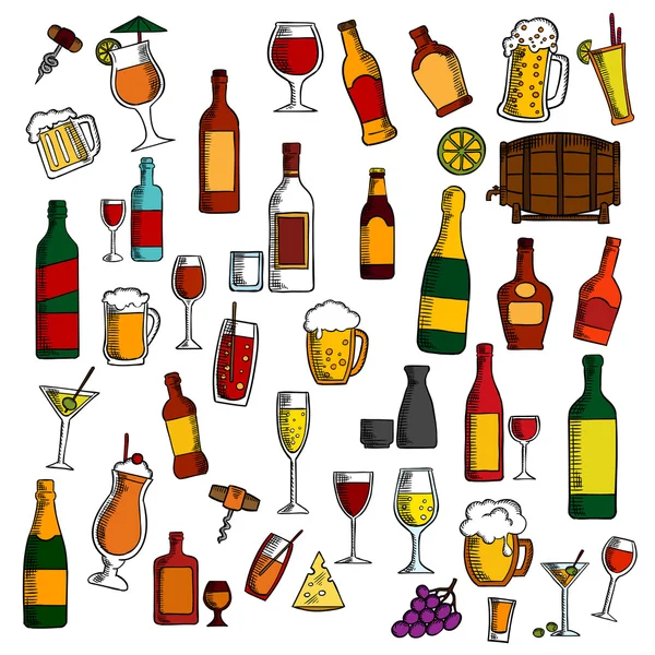 Alcohol drinks, cocktails with snacks sketch icon — Stock Vector