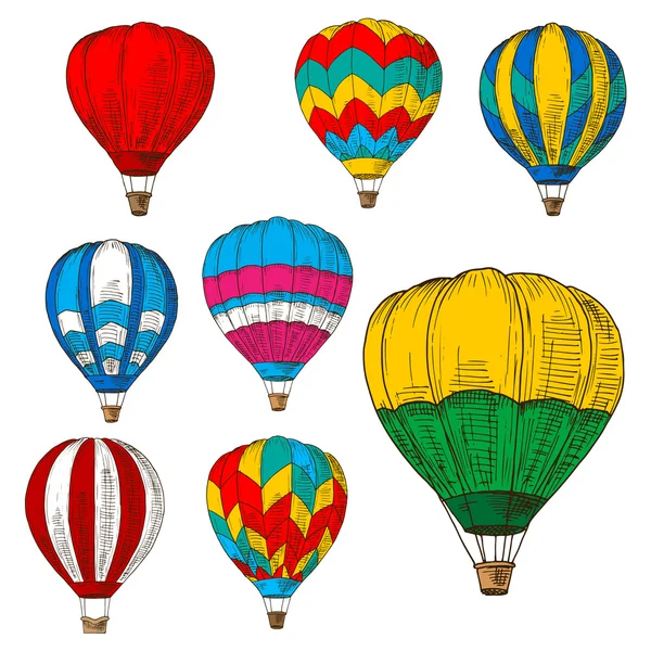 Heißluftballons im Flug farbige Retro-Skizzen — Stockvektor